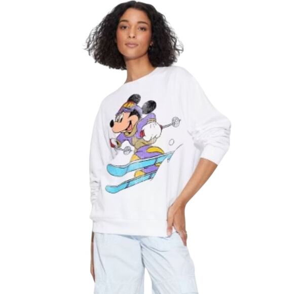 Disney Women's Vintage Mickey Mouse Skiing Sweatshirt White Size Medium - Picture 1 of 6